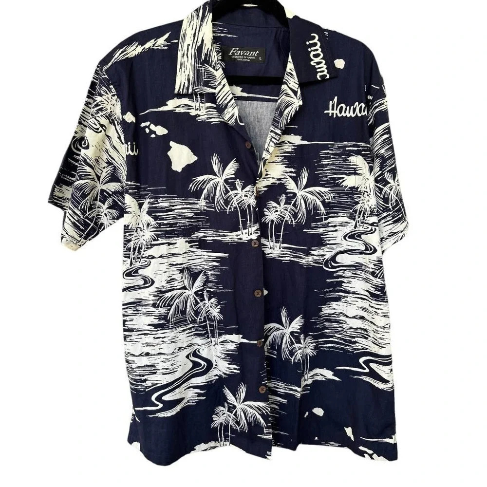 Favant Men's Navy & White Tropical Map Button Down Hawaiian Shirt Size Large
